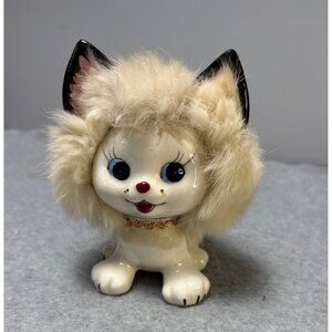 Vintage Furry Ceramic Cat Figurine by UCAGCO Porcelain Japan Kitschy 5.5" 1950s